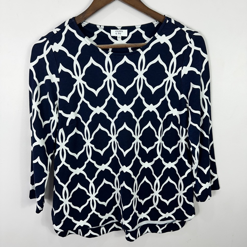 Crown & Ivy XS Navy White Geometric Print Preppy Nautical Career‎ Chic Blouse